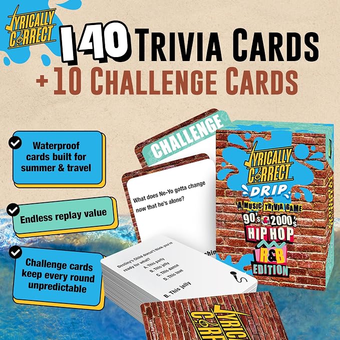 Lyrically Correct Waterproof DRIP ‘90s & 00s Hip-Hop & R&B Edition – Waterproof Music Trivia Card Game for Adults & Families – Pool, Beach & BBQ Party Game