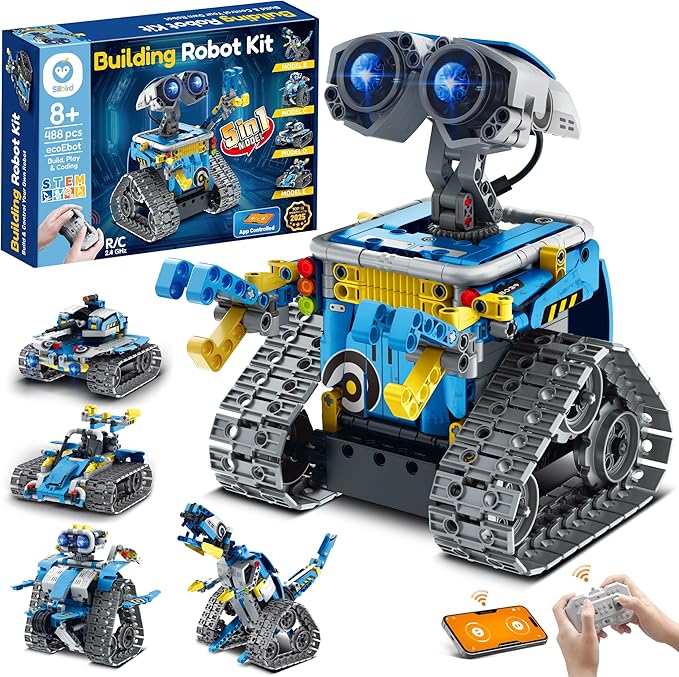 Sillbird Robot Building Kit with Remote Control STEM Gifts for Boys Ages 8-12, Coding Robotic Toys for Kids Birthday, Build 5in1 Models with 488 Pieces - Blue