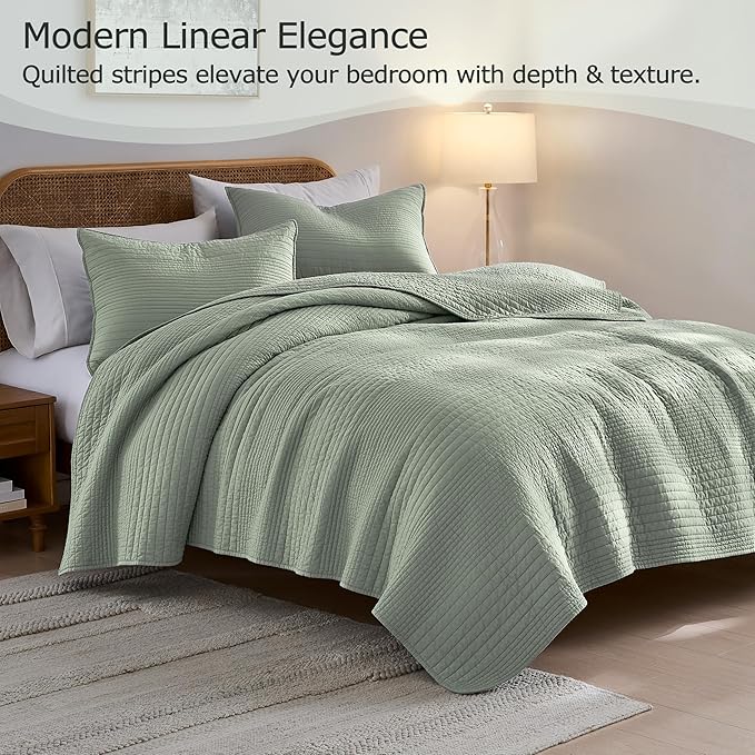 palassio Striped Sage Green 100% Cotton Quilt King Size Bedding Sets, Lightweight Crinkly Channel Pick Stitch Textured Bedspread Soft Shabby Chic Farmhouse Country Coverlet for All Season, 2 Shams