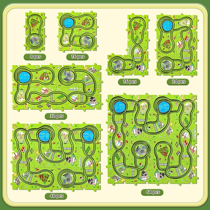 JUKUDAHU 64 Pieces Puzzle Race Track Car Set Toys for 3 4 5 6 Year Old Boys - Puzzle Tracks Car Toys for Kids Ages 3-5 with 3 Sliding Toy Cars, City-Themed, Birthday Gifts for Toddlers 1-3 2-4 4-6