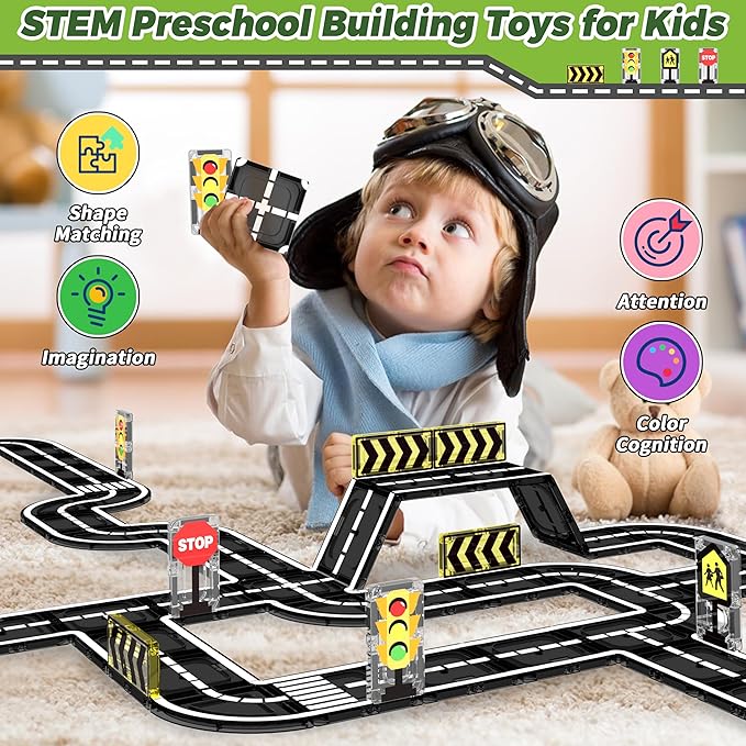 Goodtiles Magnetic Tiles Road Expansion Set, STEM Magnetic Building Blocks for Kids Ages 3-5 4-8 5-7, Preschool Learning Sensory Kids Toys for Toddler Birthday