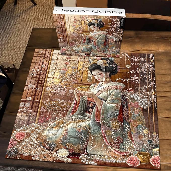 PICKFORU Elegant Geisha Puzzles for Adults 1000 Pieces, Retro Kimono Cherry Blossom Jigsaw Puzzles, Japanese Art Puzzle as Wall Art Decor