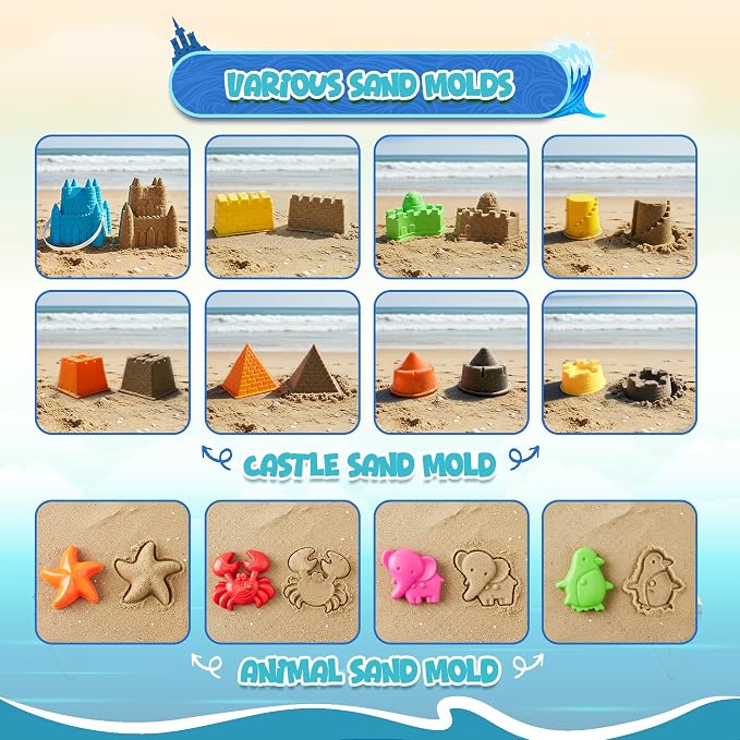 4E's Novelty Beach Toys for Kids with Bag (17 Pcs Set) Castle Beach Bucket with Shovels & Molds Kit - Sand Toys Set for Toddlers with Mesh Beach Bag Backpack, Easter Basket Stuffer
