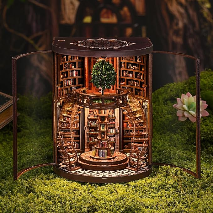DIY Miniature House Kit, Book Nook Kit, 3D Wooden Puzzles Bookshelf Craft Kits, Dollhouse Kit with LED Light, Mini Building Kit for Adults Teen to Build (Dreamy Bookstore)