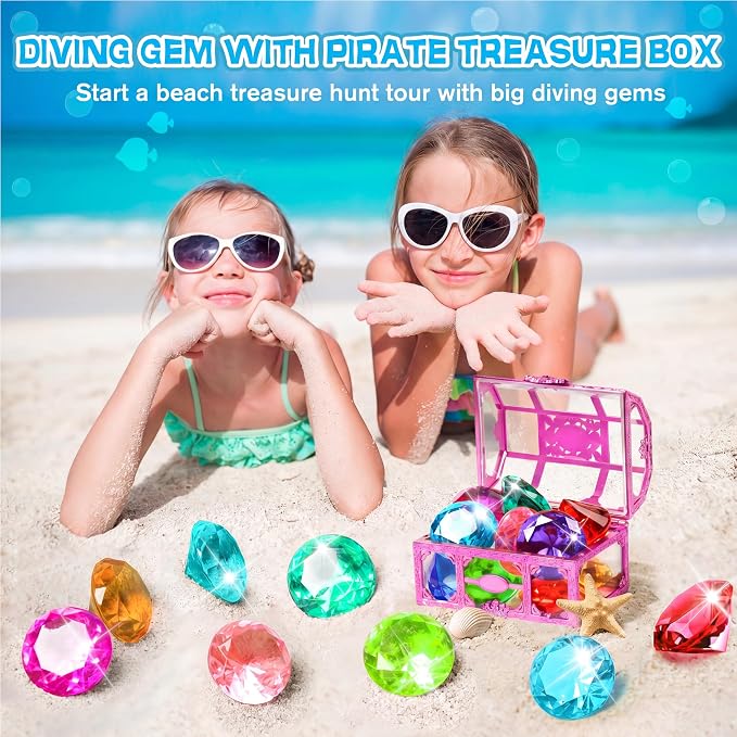Diving Gems Pool Toys with Purple Treasure Chest Toy for Girls Age 3-10 | Large shatterproof acrylic diving gems. Fade-resistant, specially weighted to sink, building kids' water confidence