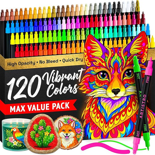 ARTISTRO 120 Precision Dual-Tip Acrylic Paint Markers – Paint Pens Set with Dot & Fine Tips for Fabric, Rock, Glass, Wood, Coloring Books – Arts & Crafts Gift – Classroom Must Haves & School Supplies