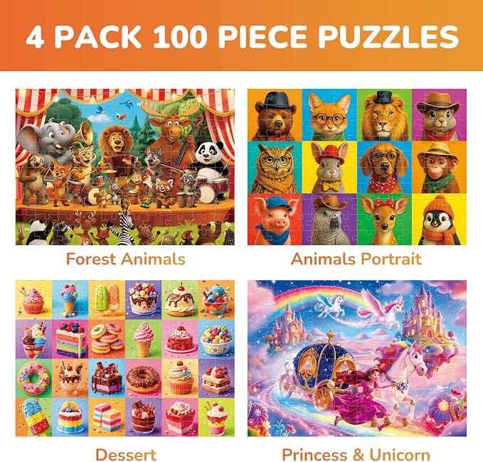 BenBen Puzzles for Kids Ages 4-6, 4 Pack 100 Pieces Jigsaw Puzzles for Toddlers 3-5, (Unicorn Priness, Animals Portrait, Dessert, Forest Fest), Learning Educational Games for Kids 6-8, 15.75” x 11.75”
