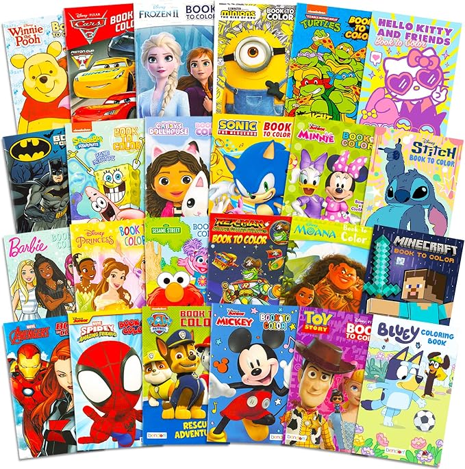 24 Pack Small Coloring Books for Kids Ages 4-8, 2-4 - Bulk Coloring Bundle Classroom Rewards, Prizes, PreK Kindergarten Party Favors with Disney, Nick, More | Mini Activity Books for Boys, Girls