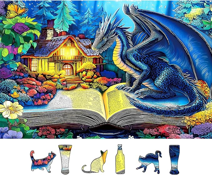 Dragon Jigsaw Puzzle for Adults 500 Piece, Magic Dinosaur Reading Books Puzzles Fantasy Animal Wildflower Challenge for Adults, Family, Decoration, Party Game, Finished Size 23" x 15"