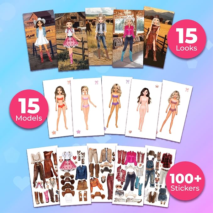 BSCOOL Sticker Dress up Cowgirl - Sticker Activity Book for Kids. Learn Girls Fashion Design with Stickers and Guides for Kids 5 and up. Little Designer Creativity Book