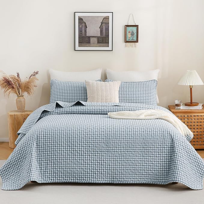 TOCOMOA Blue Gingham Quilt Bedding Set 100% Washed Cotton Bedspread Coverlet Like Linen Feel Soft Comfy Breathable 3 Piece Plaid Checkered Lightweight Comforter Set for All Season, Queen 96"x90"