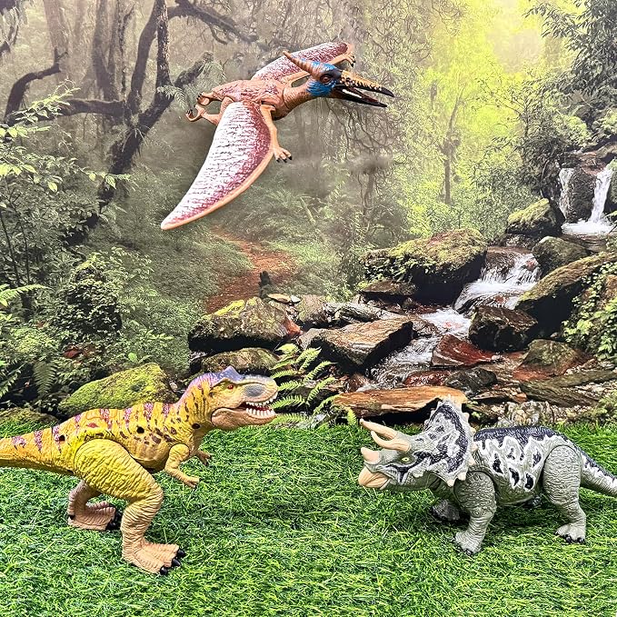 EKU Dinosaur Toys Wing Flapping Pterodactyl Toy Quetzalcoatlus, Chomp Action T Rex Tyrannosaurus, Head Moves Attack Triceratops Realistic Dino Action Figures for Kids 3-12 Jurassic World Toys
