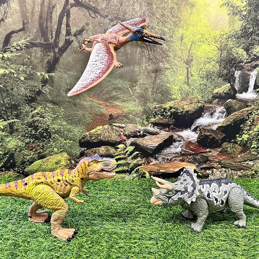 EKU Dinosaur Toys Wing Flapping Pterodactyl Toy Quetzalcoatlus, Chomp Action T Rex Tyrannosaurus, Head Moves Attack Triceratops Realistic Dino Action Figures for Kids 3-12 Jurassic World Toys