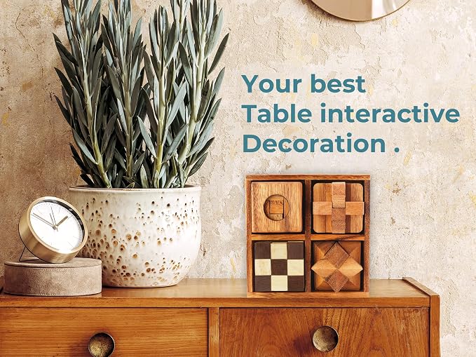 BSIRI 4 in 1 Wooden Brain Teaser Puzzles for Adults - Challenging 3D Desk Wood Puzzles Set Interlocking Hand Games for Mind Toys Suits for Rustic Patio Decor Unique Gift Office Decoration