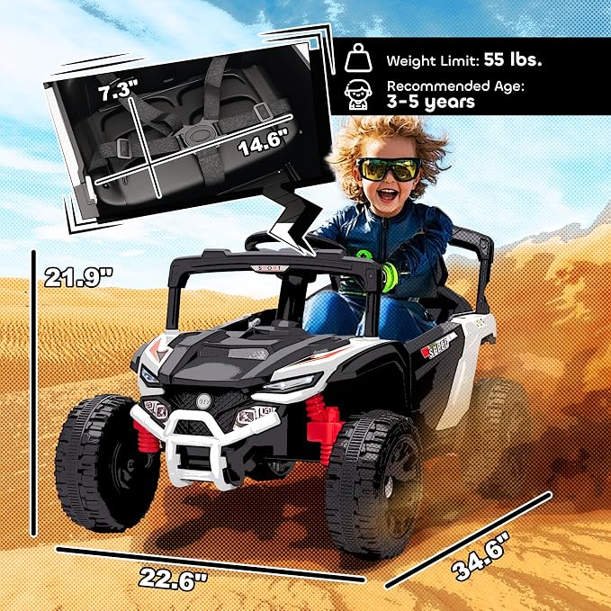 Qaba 12V Kids Ride On Car Truck, Battery Powered Electric UTV Vehicle with Rear Suspension, Remote Control, LED Lights, Music, Horn, Speed Up to 3.1 mph, for 3-5 Years Boys Girls, White