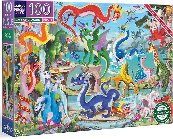 eeBoo 100 Piece Puzzle for Kids - Love of Dragons Children's Puzzle Dragon Themed, Large Pieces for Small Hands to Develop Motor Skills