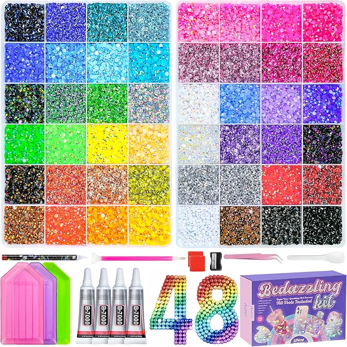 70000Pcs 2 Boxes Bedazzling Kit with Rhinestones, 48 Colors 3mm Resin Flatback Rhinestones with 4 Pcs B7000 Jewelry Glue & Tools, Diamond Art All-in-One Bedazzling Kit for DIY Arts & Crafts Gifts