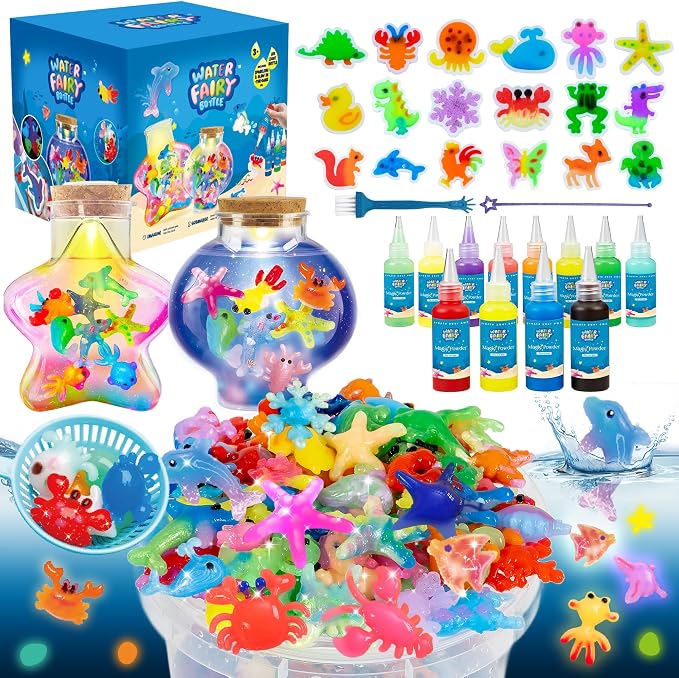 LED Night Light Up, Magic Water Fairy Craft Kit for Kid, Glow-in-The-Dark Magic Gel Water Pets Squishy Kit, Aqua DIY Elf with 18 Molds,100ml Gels, 5L Bucket Christmas Gift Make Your Own Sea World