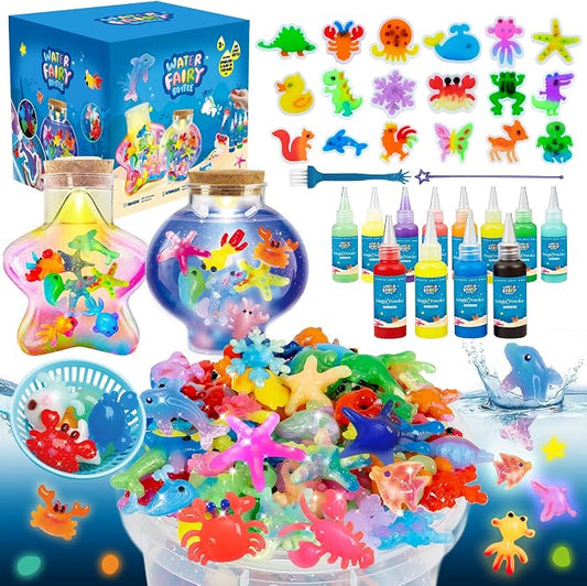 LED Night Light Up, Magic Water Fairy Craft Kit for Kid, Glow-in-The-Dark Magic Gel Water Pets Squishy Kit, Aqua DIY Elf with 18 Molds,100ml Gels, 5L Bucket Christmas Gift Make Your Own Sea World