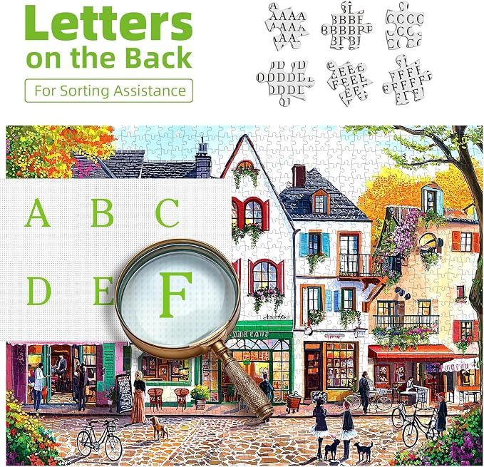 European Street Scene 1000 Piece Jigsaw Puzzle for Adults Seniors Colorful Buildings Autumn Tree Jigsaw Puzzle with Letters on Back Framable Puzzles for Perfect Family Game Night(27.6"x19.7")