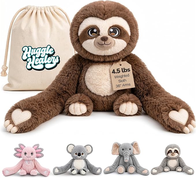 Huggle Healers Weighted Stuffed Animals for Adults, Teens and Kids - 36 Inch Long Plush Arms for Hugs - 4.5lb Sloth Stuffed Animal Plushies - Kigi Sloth