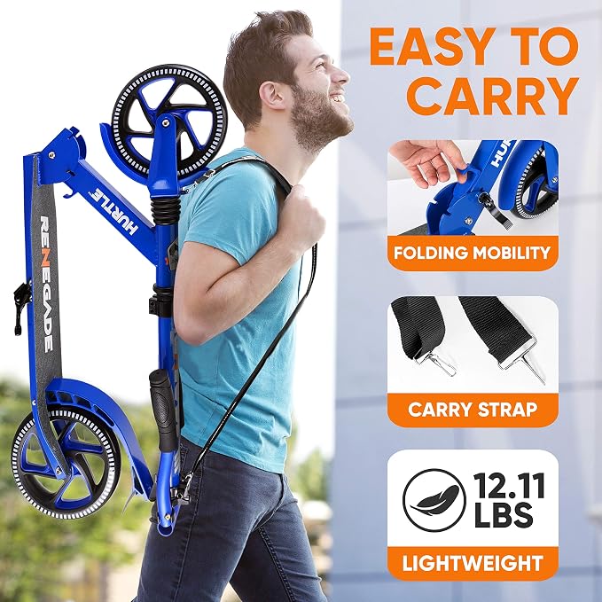 Hurtle Renegade Kick Scooter for Kids, Teenagers & Adults - 2-Wheel Folding Scooter with Adjustable T-Bar Handlebar - Alloy Anti-Slip Deck