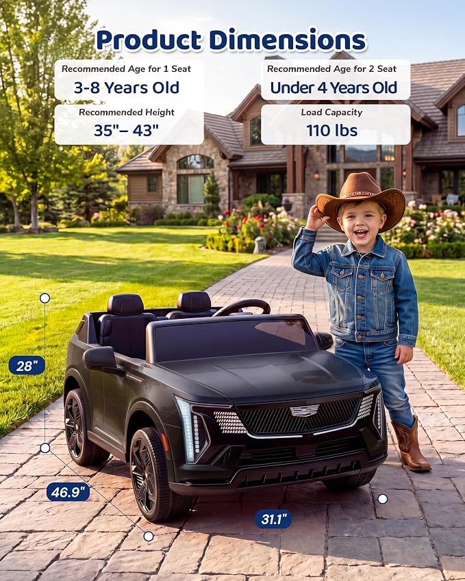 Firstness 2 Seater Ride on Car for Kids 24V Licensed Cadillac Escalade IQ Powered Wheels with Remote Control 400W Electric Ride on Toy with 3 Speed Light Music 7AH Battery Car for Kids Ages 3-8, Black