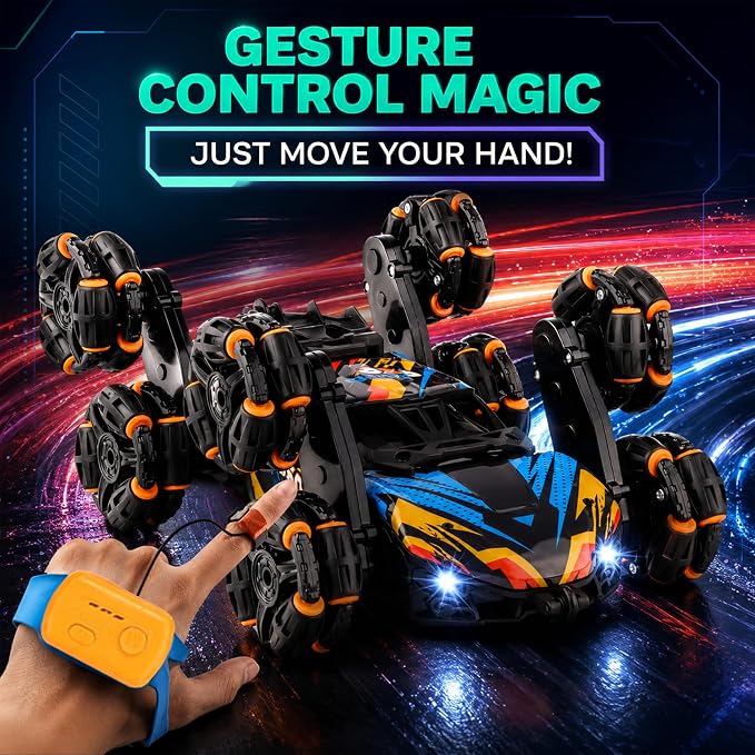 Gesture Sensing RC Stunt Car for Boys 6-12 — 8-Wheel Hand Controlled & Remote Control Drift Car, 360° Flips & Spins, 2 Rechargeable Batteries, LED Lights & Mist, Birthday Gift for Kids 6 7 8 9 10 11