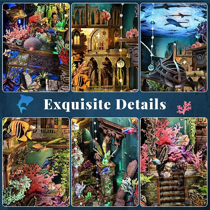 fifijoy Book Nook Kit - DIY Miniature Dollhouse for Adults and Teens, Creative Bookshelf Decor 3D Wooden Puzzle Bookend with LED Light, Unique Gift for Family and Friends (Lost City of Atlantis)