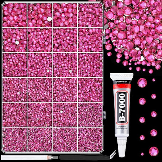 25000Pcs Resin Rhinestones for Crafting, Hot Pink 2-6mm Mixed Sizes Non Hotfix Flatback Gems with 1Pcs Glue, Bedazzling Crystal for DIY Craft Clothing Mugs Tumblers Shoes Fabric Decor Nail Art