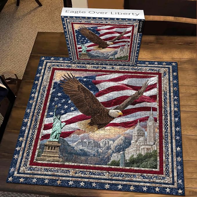 PICKFORU Eagle Puzzles for Adults 1000 Pieces, American Flag Jigsaw Puzzles Quilting Art, Difficult Challenging Impossible Embroidery Puzzle