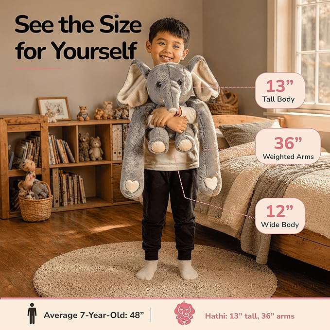Huggle Healers Weighted Stuffed Animals for Adults, Teens and Kids - 36 Inch Long Plush Arms for Hugs - 4.5lb Elephant Stuffed Animal Plushies - Hathi Elephant