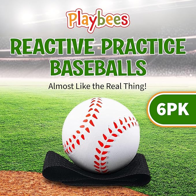 Playbees Reactive Practice Baseballs (6 Pack) – Wrist Return Training Balls for Hand-Eye Coordination – Portable Kids Outdoor Activity & Skill Trainer – Great Birthday Gift or Party Favor