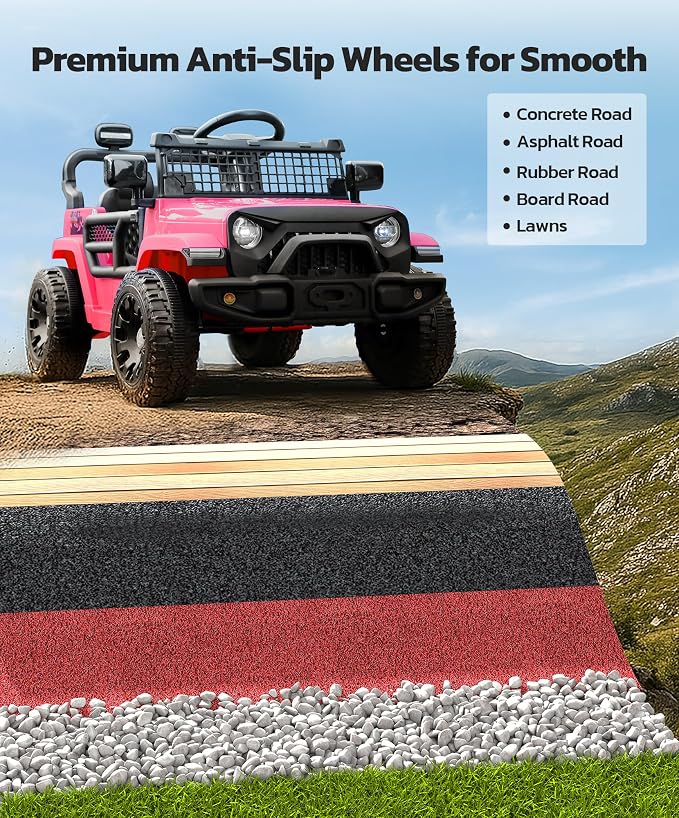 ELEMARA 12V Ride on Toys, Electric Vehicles for Kids w/3 Speeds, 3.5 mph Max, Ride on Car with Remote Control, Motorized Truck, Toddler Electric Car w/Bluetooth, LED Lights,Shock Absorbers-Light Pink