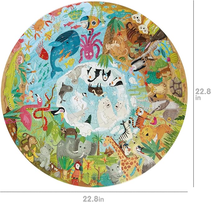 boppi Round 150 Piece Jigsaw for Kids Aged 5-8 | Educational Animals Around the World Puzzle with Continents & Animal Habitats | Eco-Friendly Recycled Cardboard