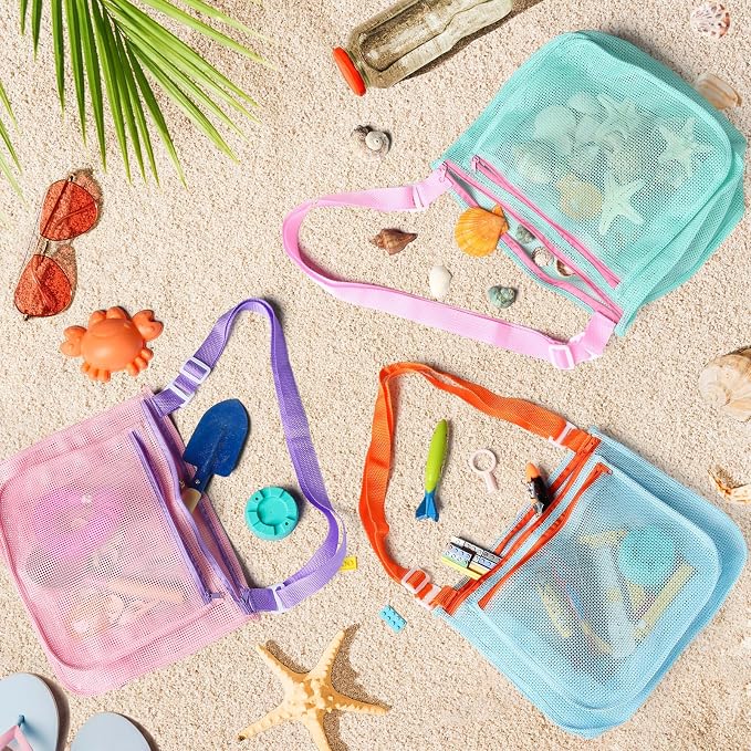 3 Pcs Seashell Collecting Bag for Kids,Beach Mesh Bag with Adjustable Shoulder Straps,Beach Toys Swimming Accessories for Boys and Girls