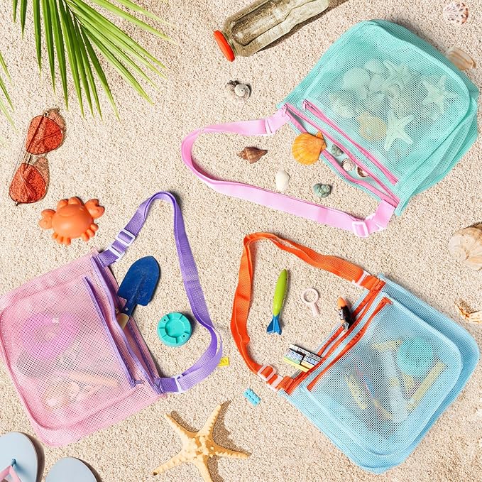 Beach Bag Toys for Shell Collecting,Colorful Beach Mesh Bag with Adjustable Shoulder Straps,Swimming Accessories for Boys and Girls