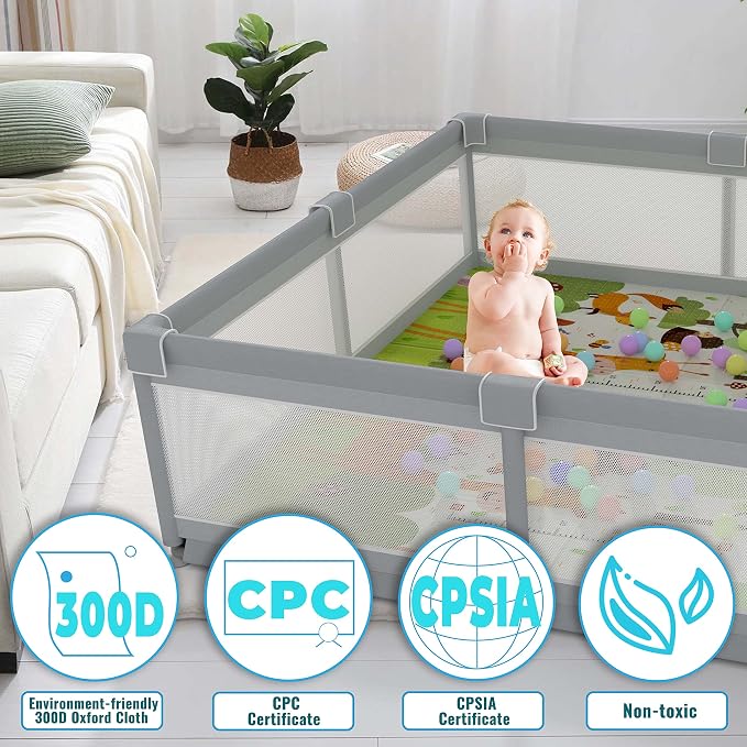 Baby Playpen 79" X 71", LUTIKIANG Play Yard for Babies and Toddlers with Mat, Safety Extra Large Baby Fence Area, Indoor & Outdoor Kids Activity Play Center with Anti-Slip Suckers and Zipper Gate.