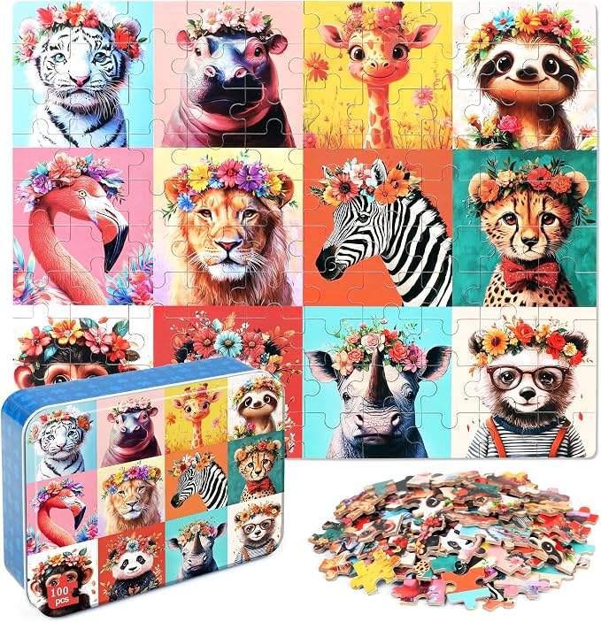 MZZOTOY Beautiful Wild Animals Puzzles for Kids Ages 4-8, 100 Pieces Jigsaw Puzzles for Kids Ages 3-5 Puzzle for Girls and Boys Learning Educational Puzzles Toys in a Metal Box