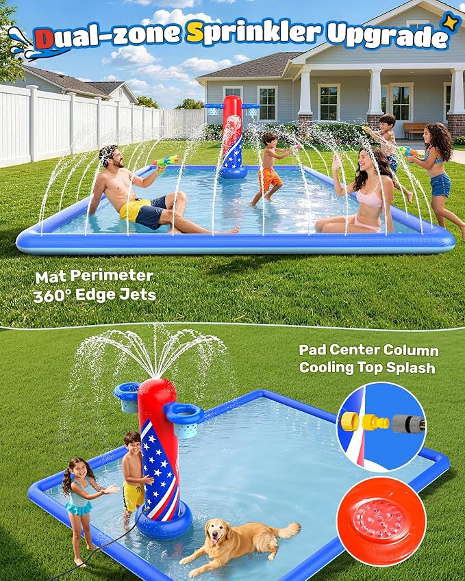 ODOSOLA 137x118'' Large Splash Pad for Kids 3-12 & Dogs, 2-in-1 Sprinkler Pad with Basketball Hoop/Ball Toss, Thickened Non-Slip Water Mat, Foldable Outdoor Summer Toy for Backyard/Pool/Beach