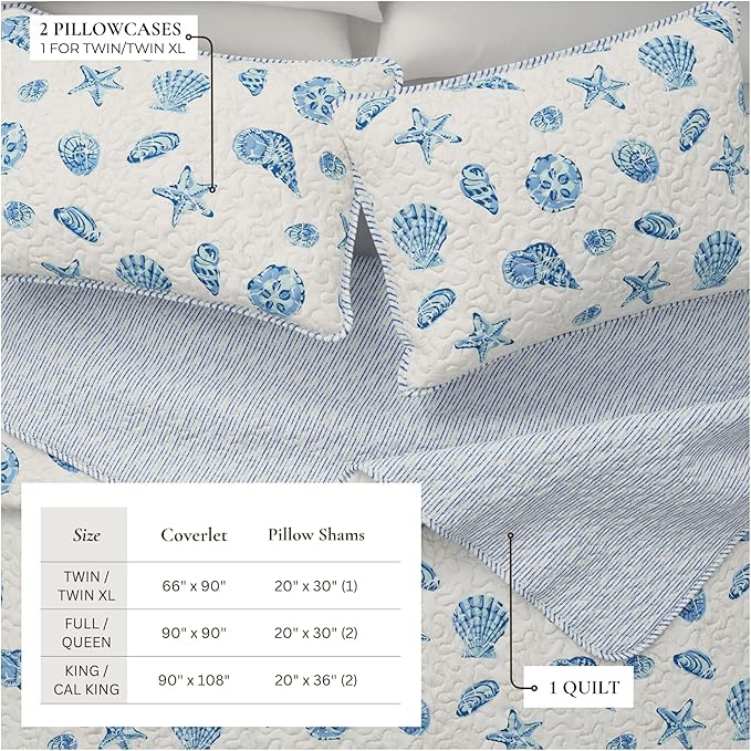 Great Bay Home Coastal Quilt Set - 2-Piece Twin/Twin XL Size Nautical Bedding Set - Lightweight, All-Season, Reversible Coral-Printed Bedspread (Blue Shells)