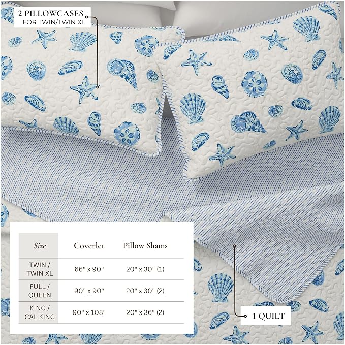 Great Bay Home Coastal Quilt Set - 3-Piece Full/Queen Size Nautical Bedding Set - Lightweight, All-Season, Reversible Coral-Printed Bedspread (Blue Shells)
