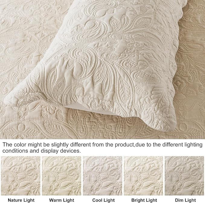 HoneiLife Quilt Set Queen Size - 3 Piece Embroidered Microfiber Bedspread Reversible Coverlet Lightweight Bedcover Paisley Pattern Bedding Set All Season Quilts-Khaki