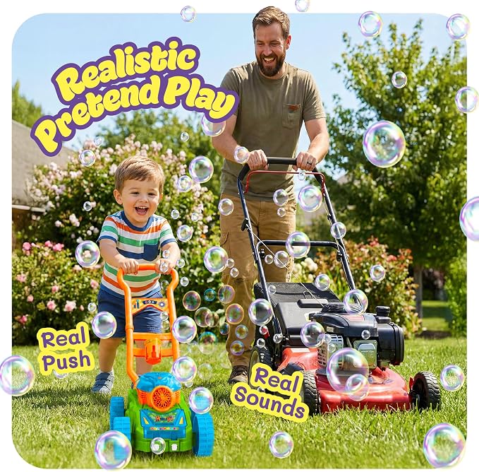 Hoopi Extreme Bubble Lawn Mower for Toddlers 1-3, Spill-Proof Kids Bubble Machine with Lights for 2-Year-Old Boy Birthday Gift, Bubbles Blowing Push Toddler Outdoor Toys for Ages 2-4 with 3 Bottles