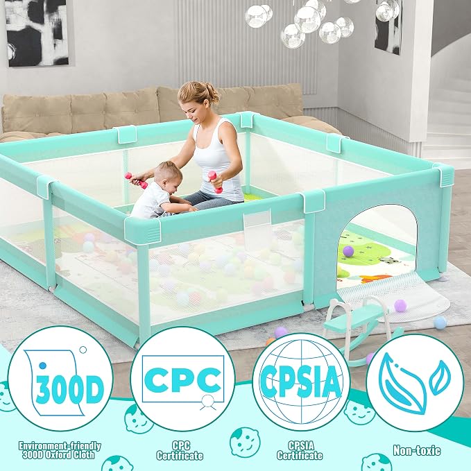 LUTIKIANG 79" x 71" Baby Playpen with Mat, Play Yard for Babies and Toddlers, Indoor/Outdoor Gate, Large Play Pen for Safety, Playtime, and Fun (Green)