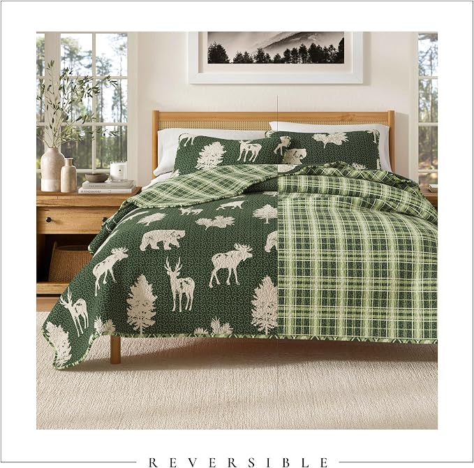 Great Bay Home Lodge Bedspread Twin/Twin XL Size Quilt with 1 Sham. Cabin 2- Piece Reversible All Season Quilt Set. Rustic Quilt Coverlet Bed Set. Rio Ridge Collection (Forest Green)