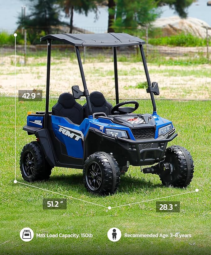 ELEMARA 24V Ride on Toy for Big Kid,Ride on Car 2 Seater w/Sun Shade,Dump Bed & Shovel,4.5MPH,4WD Electric Car for Kids,Battery Car w/Remote,Kids Ride on Truck,3 Speed,LED Lights,Bluetooth, Sapphire