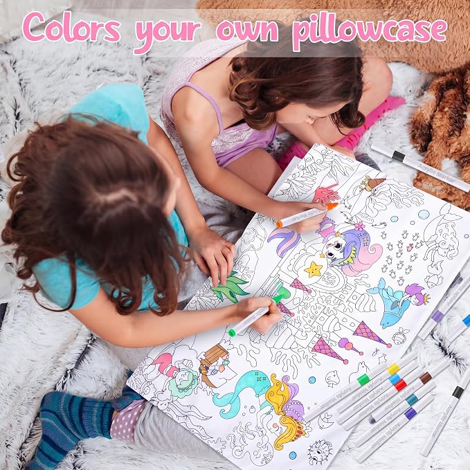 Mindsoft Coloring Craft Coloring Pillowcase Mermaid Pillowcase with 12 Pcs Markers Pens for Decoration Supplies Craft, 28.7 x 19.7 Inch