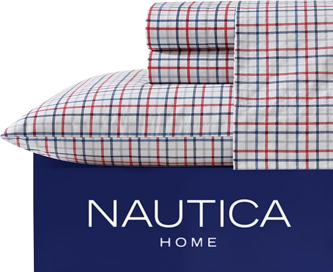 Nautica – Queen Size Sheet Set, Crisp Cotton Percale Bedding with Matching Pillowcases, Lightweight & Breathable Bed Sheets, Deep Pocket, College Dorm Room Essentials (Boating Tattersall Grey)