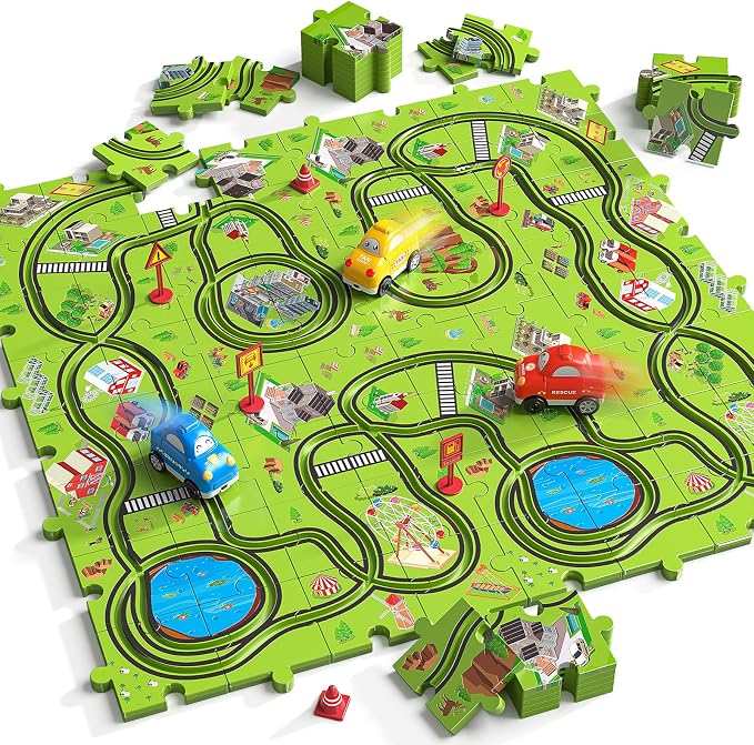 JUKUDAHU 64 Pieces Puzzle Race Track Car Set Toys for 3 4 5 6 Year Old Boys - Puzzle Tracks Car Toys for Kids Ages 3-5 with 3 Sliding Toy Cars, City-Themed, Birthday Gifts for Toddlers 1-3 2-4 4-6